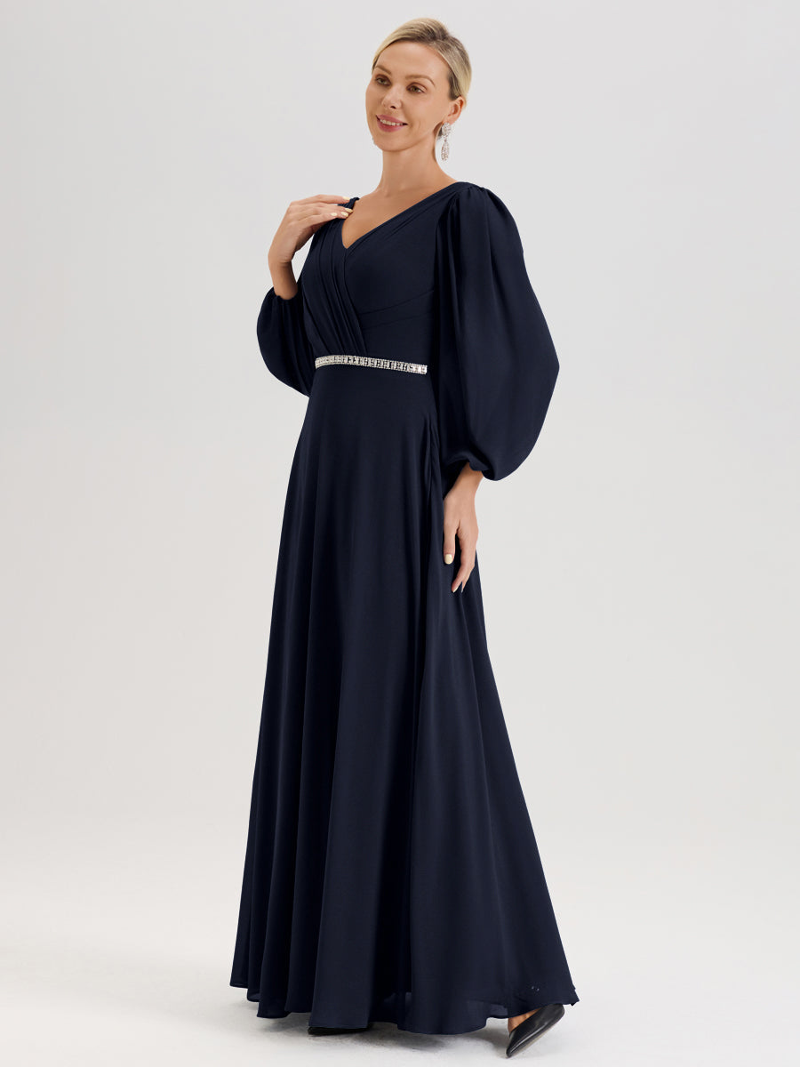 Cicinia Bleu Marine Robe De Mère De La Mariée Manches Ballon Ligne A En Mousseline À Décolleté En V