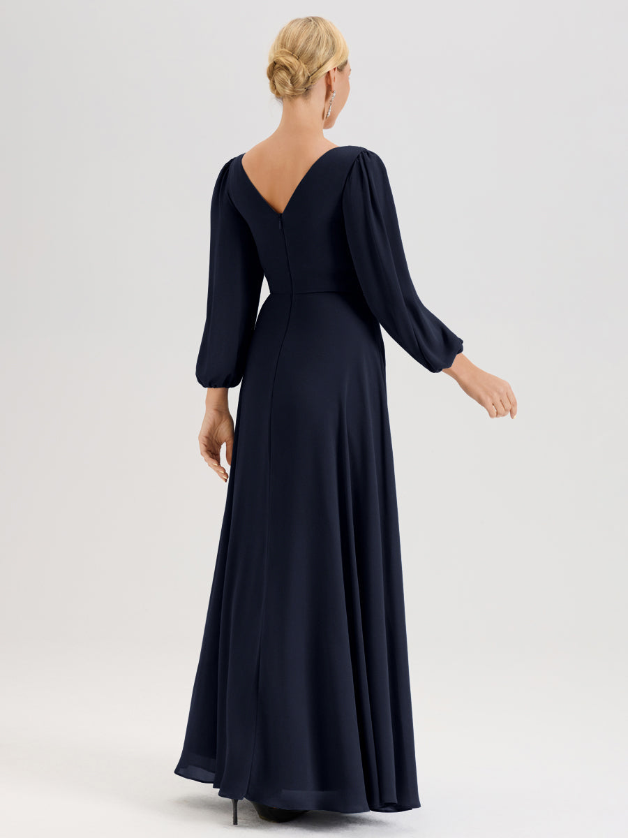 Cicinia Bleu Marine Robe De Mère De La Mariée Manches Ballon Ligne A En Mousseline À Décolleté En V