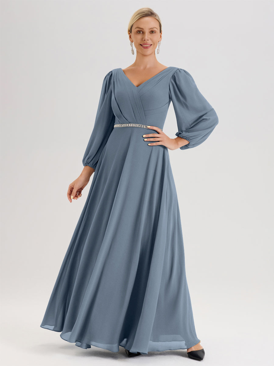 Cicinia Bleu Poudré Robe De Mère De La Mariée Manches Ballon Ligne A En Mousseline À Décolleté En V