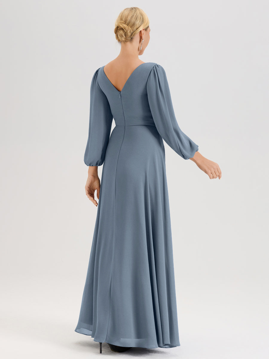 Cicinia Bleu Poudré Robe De Mère De La Mariée Manches Ballon Ligne A En Mousseline À Décolleté En V