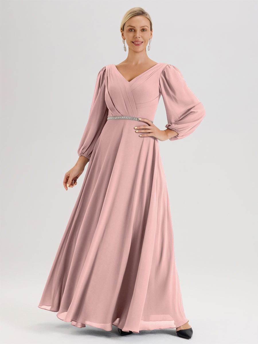 Cicinia Rose Poudré Robe De Mère De La Mariée Manches Ballon Ligne A En Mousseline À Décolleté En V