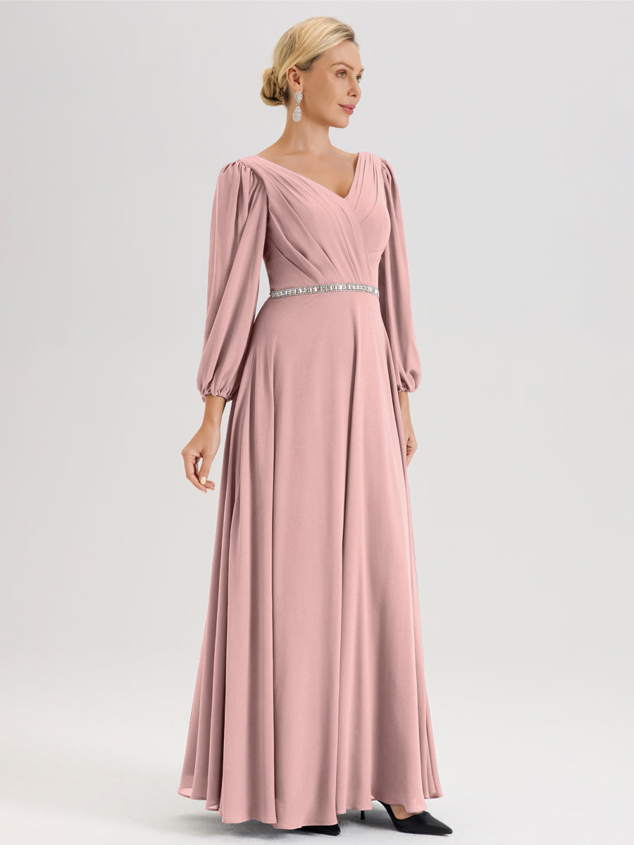 Cicinia Rose Poudré Robe De Mère De La Mariée Manches Ballon Ligne A En Mousseline À Décolleté En V