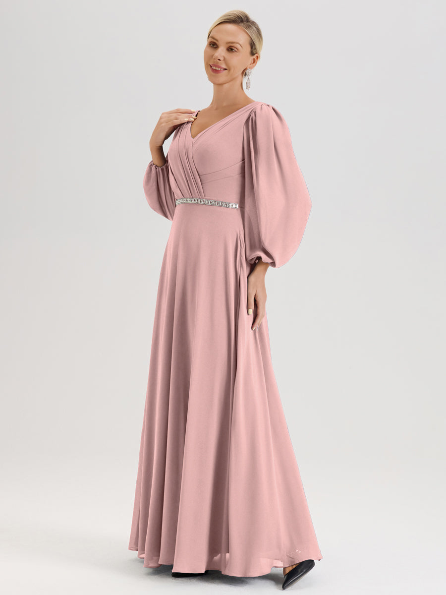 Cicinia Rose Poudré Robe De Mère De La Mariée Manches Ballon Ligne A En Mousseline À Décolleté En V