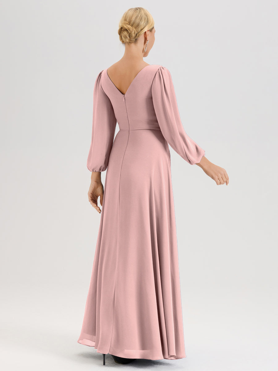 Cicinia Rose Poudré Robe De Mère De La Mariée Manches Ballon Ligne A En Mousseline À Décolleté En V