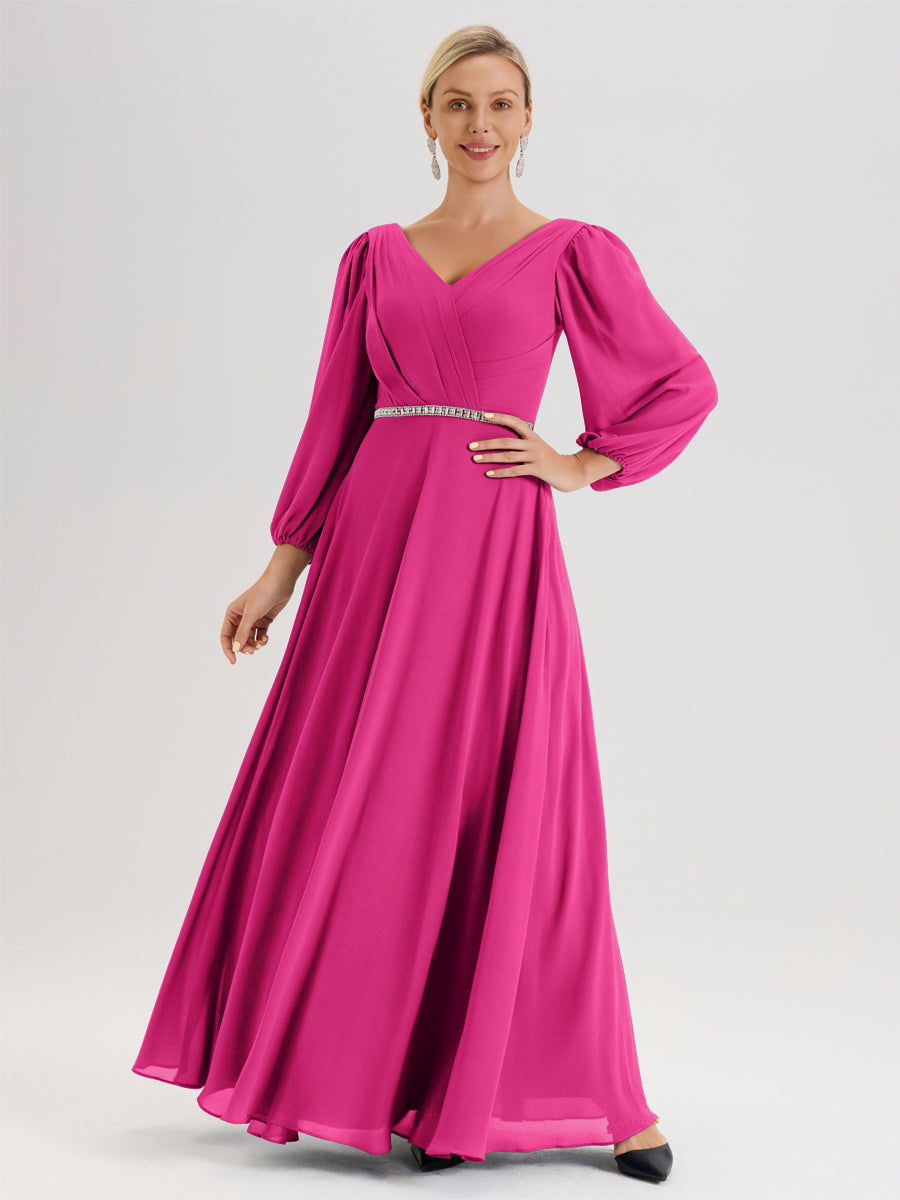 Cicinia Fuchsia Robe De Mère De La Mariée Manches Ballon Ligne A En Mousseline À Décolleté En V