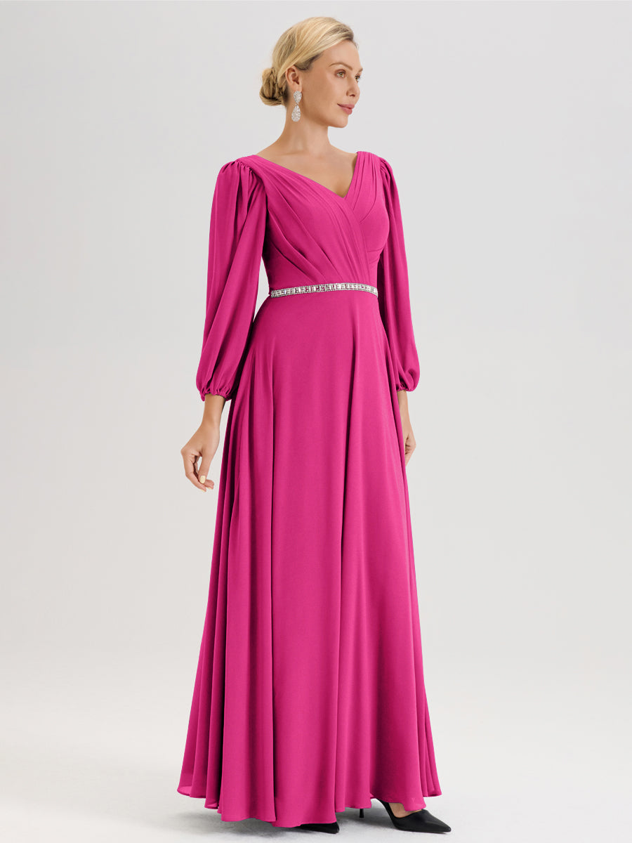 Cicinia Fuchsia Robe De Mère De La Mariée Manches Ballon Ligne A En Mousseline À Décolleté En V
