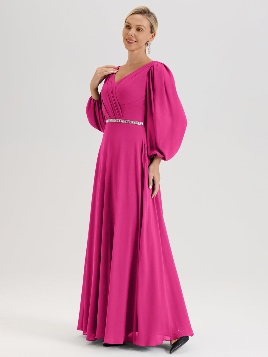 Cicinia Fuchsia Robe De Mère De La Mariée Manches Ballon Ligne A En Mousseline À Décolleté En V