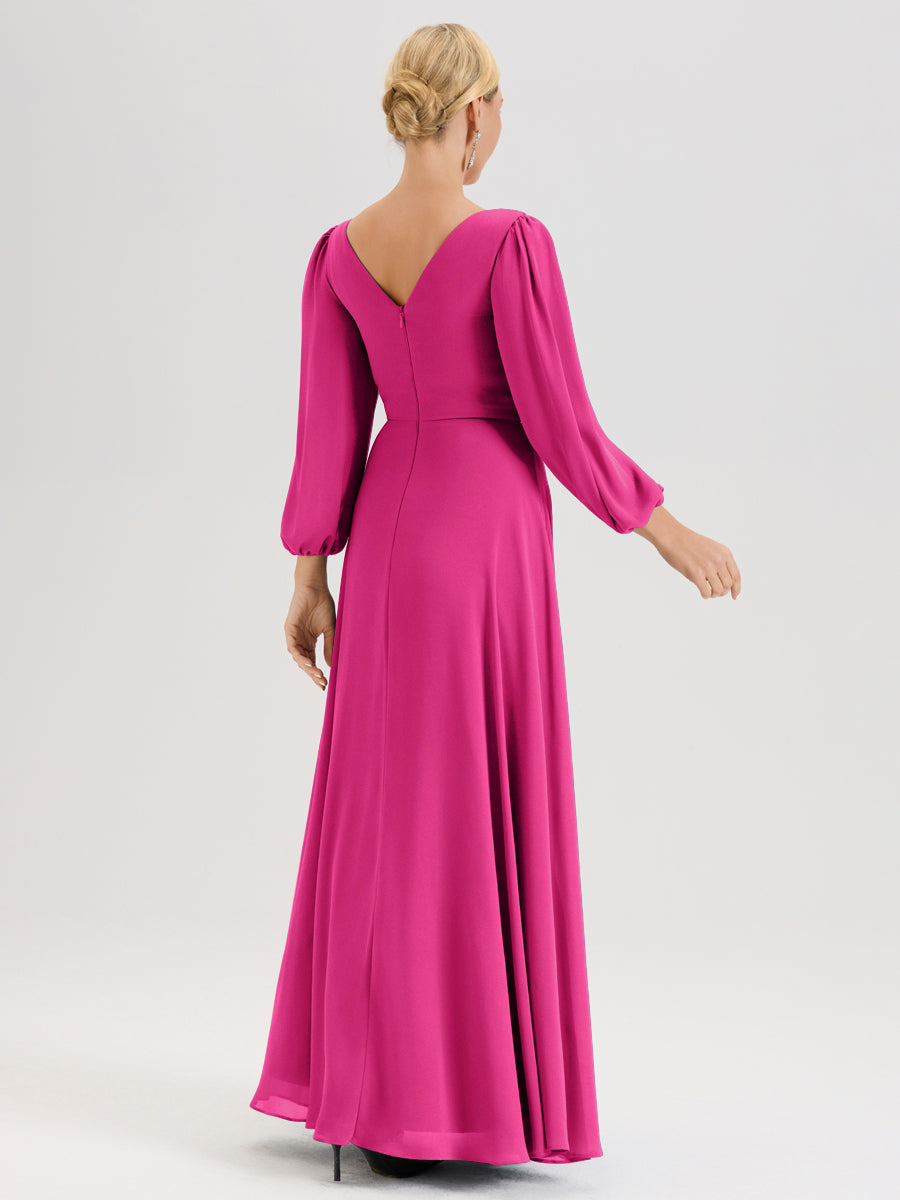 Cicinia Fuchsia Robe De Mère De La Mariée Manches Ballon Ligne A En Mousseline À Décolleté En V