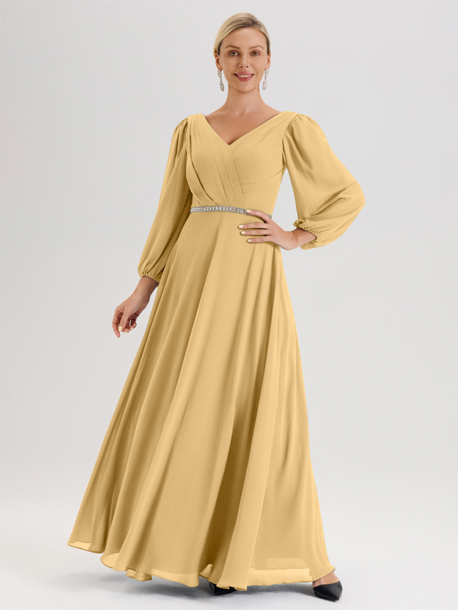 Cicinia Or Robe De Mère De La Mariée Manches Ballon Ligne A En Mousseline À Décolleté En V