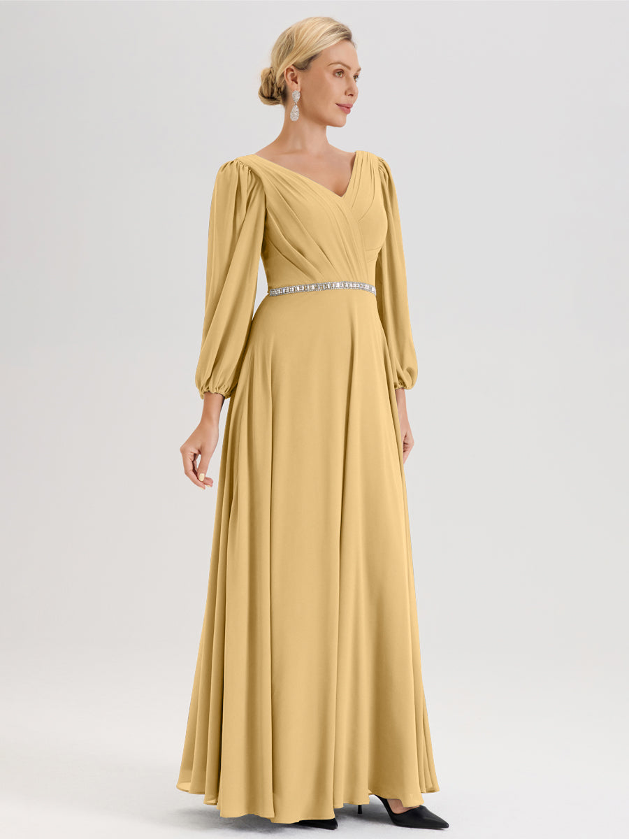 Cicinia Or Robe De Mère De La Mariée Manches Ballon Ligne A En Mousseline À Décolleté En V