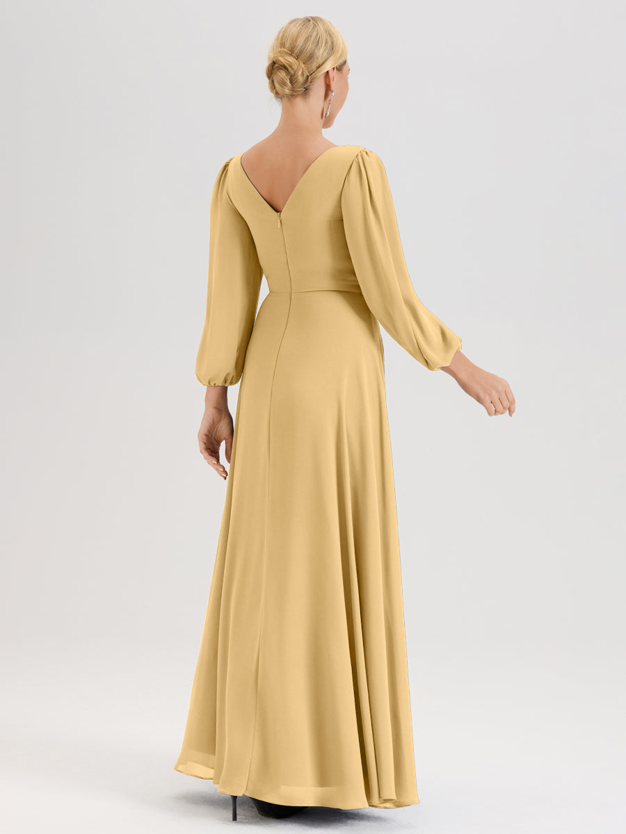 Cicinia Or Robe De Mère De La Mariée Manches Ballon Ligne A En Mousseline À Décolleté En V