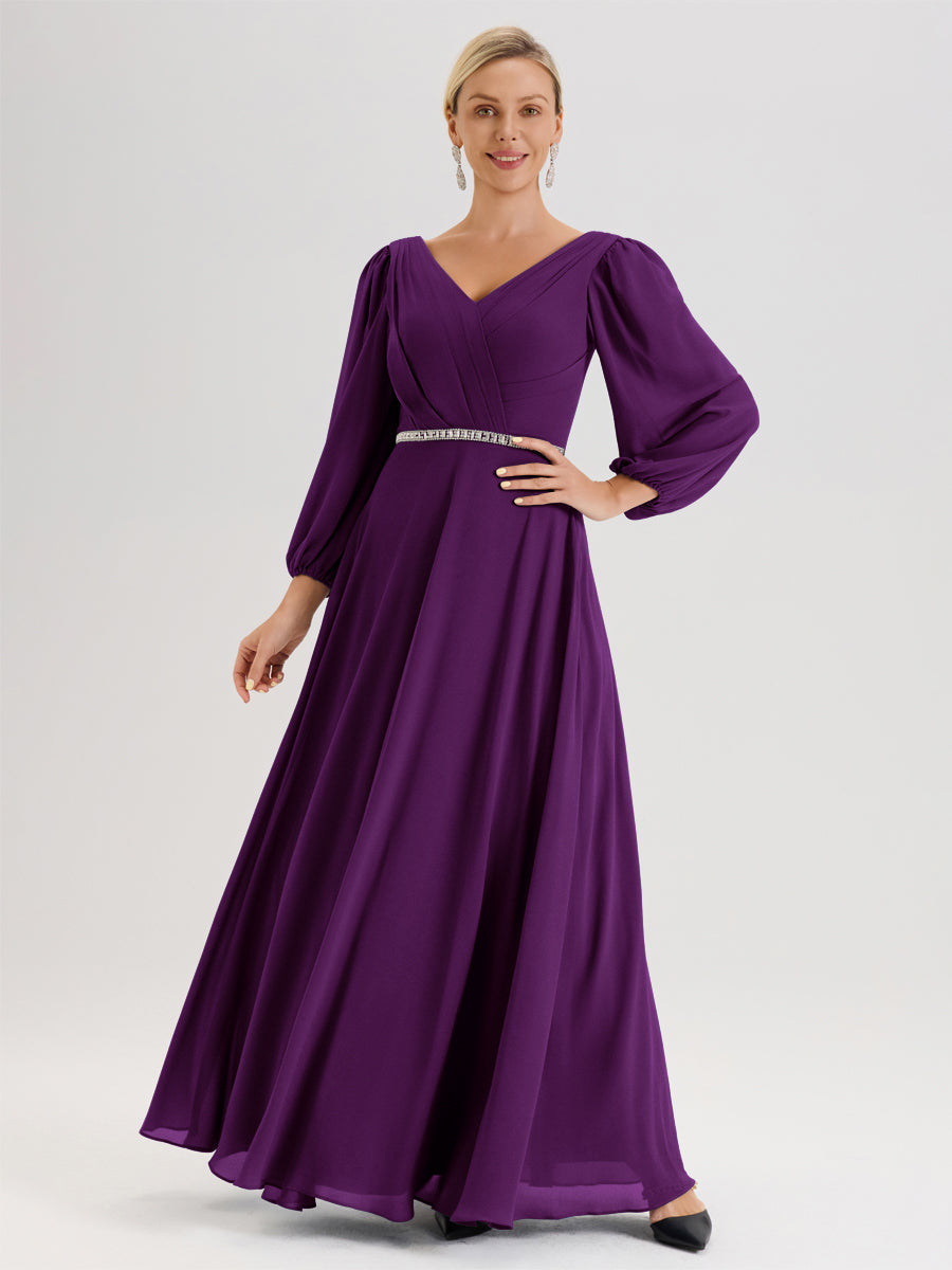 Cicinia Raisin Robe De Mère De La Mariée Manches Ballon Ligne A En Mousseline À Décolleté En V