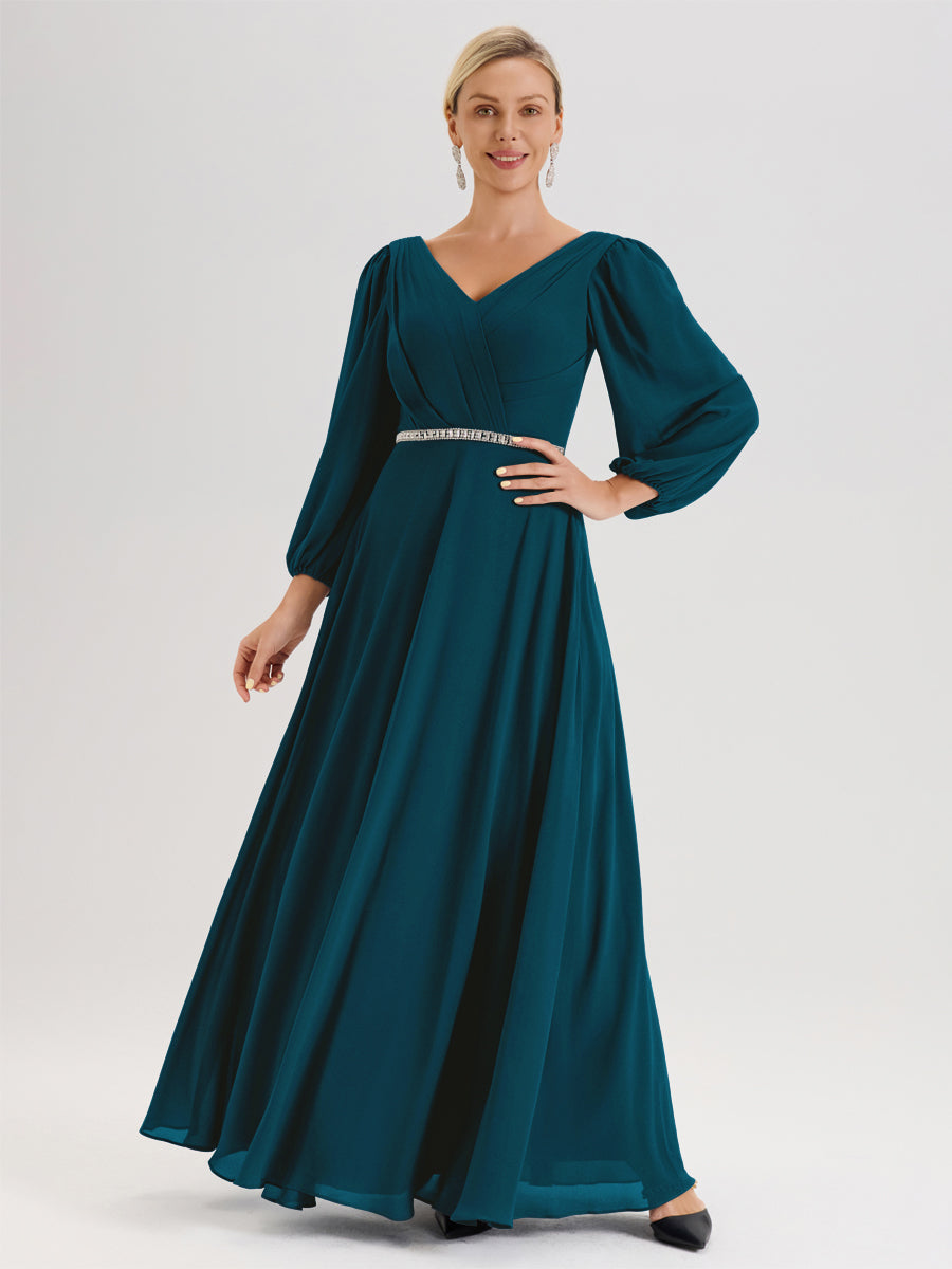Cicinia Bleu Encre Robe De Mère De La Mariée Manches Ballon Ligne A En Mousseline À Décolleté En V