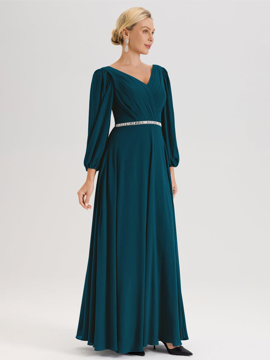 Cicinia Bleu Encre Robe De Mère De La Mariée Manches Ballon Ligne A En Mousseline À Décolleté En V