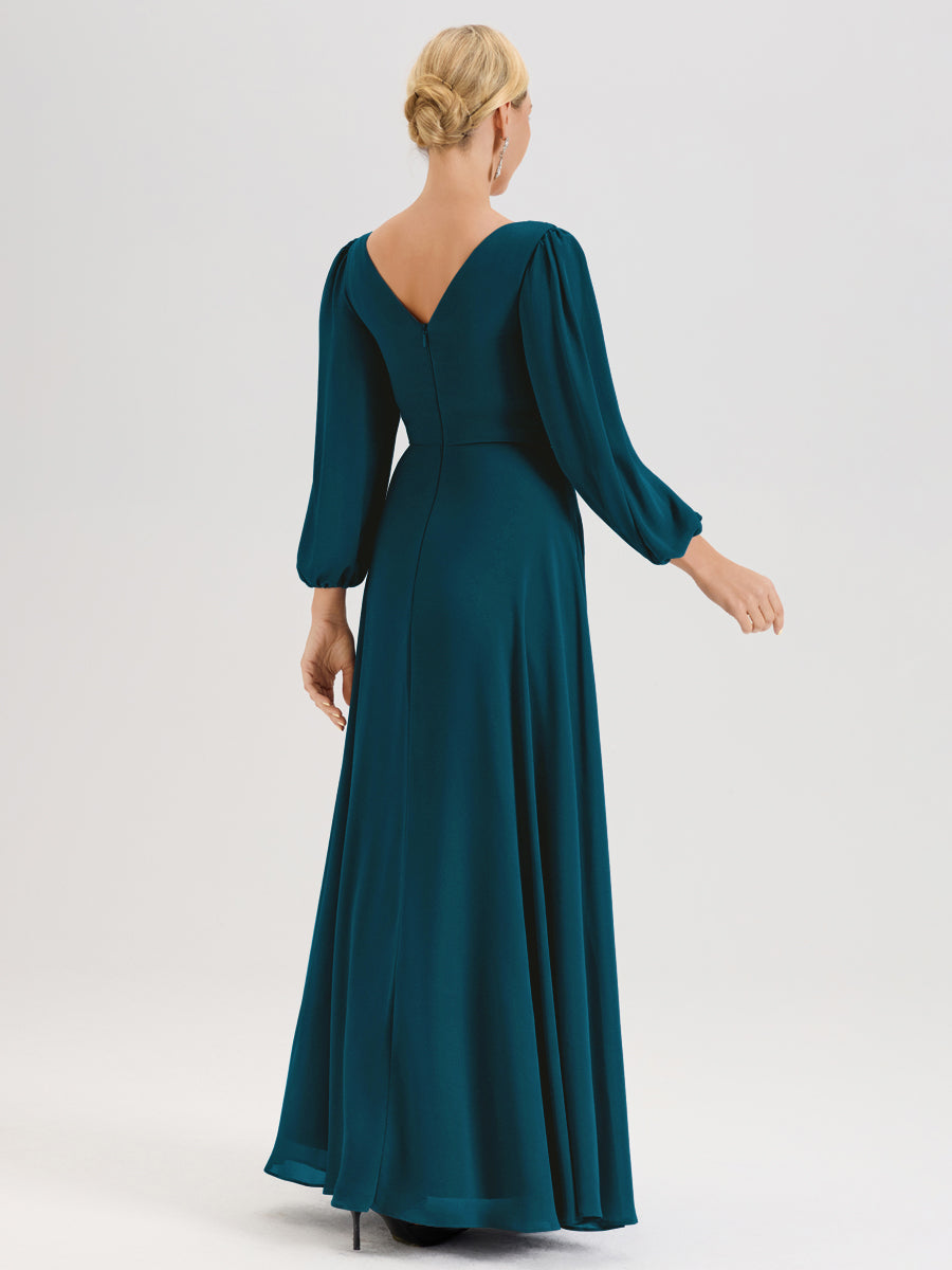 Cicinia Bleu Encre Robe De Mère De La Mariée Manches Ballon Ligne A En Mousseline À Décolleté En V