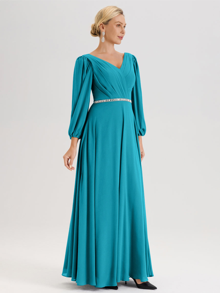 Cicinia Jade Robe De Mère De La Mariée Manches Ballon Ligne A En Mousseline À Décolleté En V