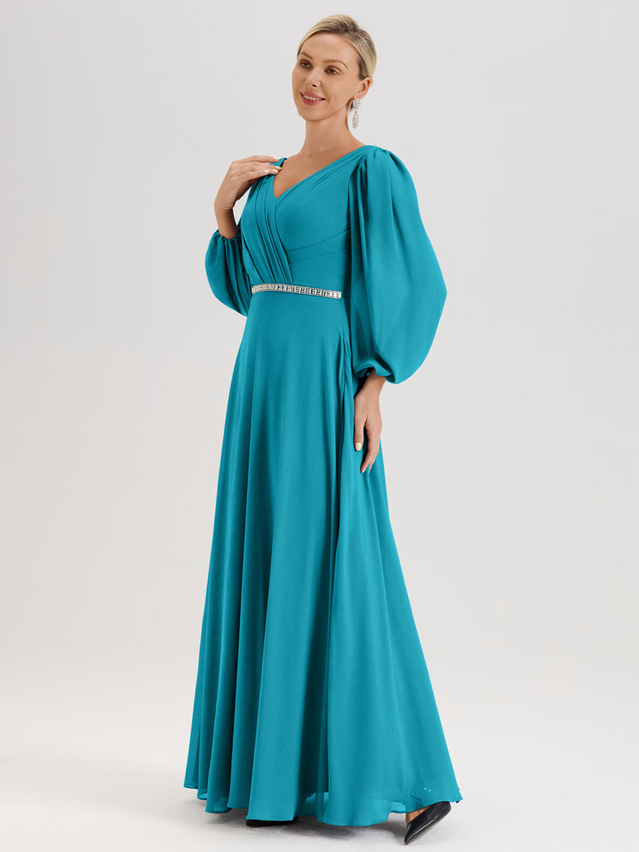 Cicinia Jade Robe De Mère De La Mariée Manches Ballon Ligne A En Mousseline À Décolleté En V