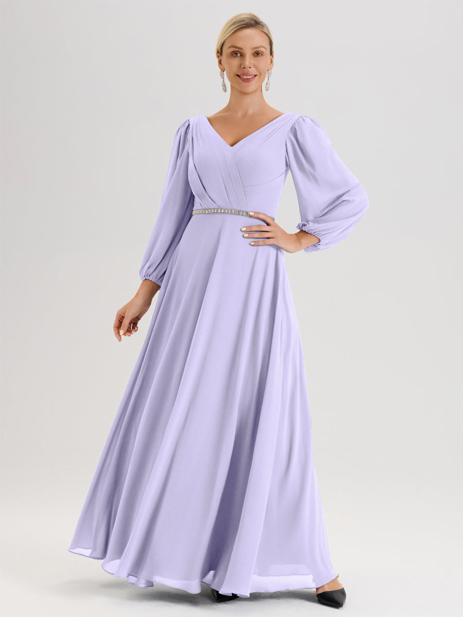 Cicinia Lilas Robe De Mère De La Mariée Manches Ballon Ligne A En Mousseline À Décolleté En V