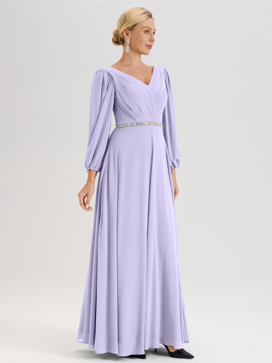 Cicinia Lilas Robe De Mère De La Mariée Manches Ballon Ligne A En Mousseline À Décolleté En V