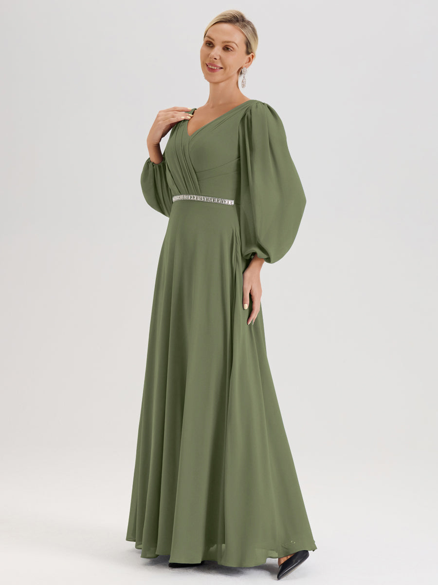 Cicinia Vert Olive Robe De Mère De La Mariée Manches Ballon Ligne A En Mousseline À Décolleté En V
