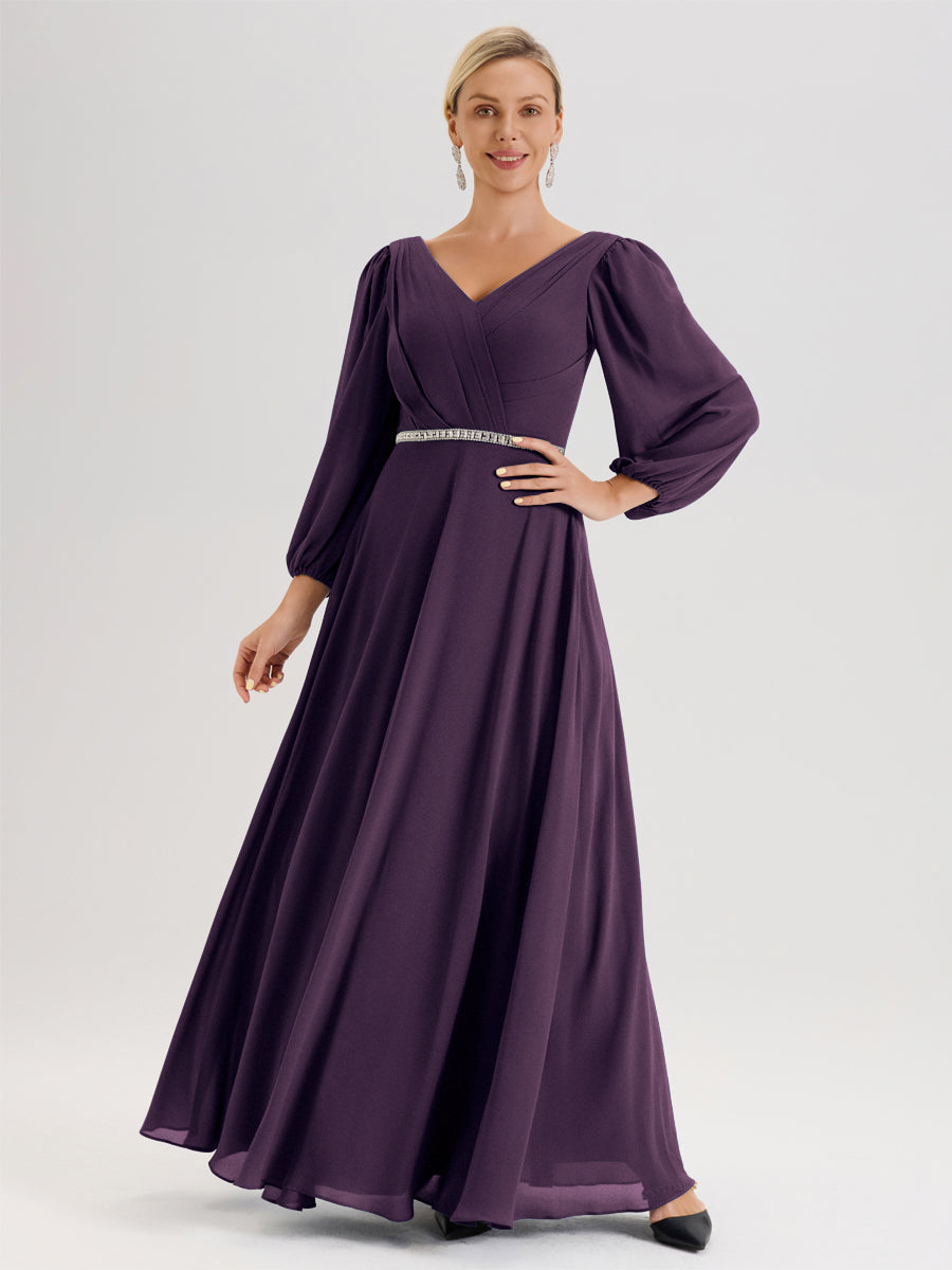 Cicinia Plum Robe De Mère De La Mariée Manches Ballon Ligne A En Mousseline À Décolleté En V