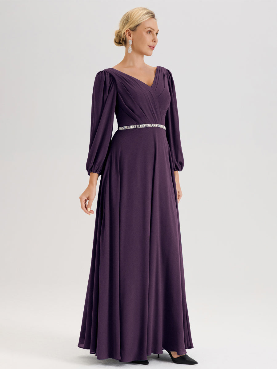 Cicinia Plum Robe De Mère De La Mariée Manches Ballon Ligne A En Mousseline À Décolleté En V