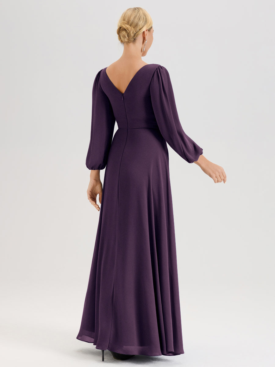 Cicinia Plum Robe De Mère De La Mariée Manches Ballon Ligne A En Mousseline À Décolleté En V