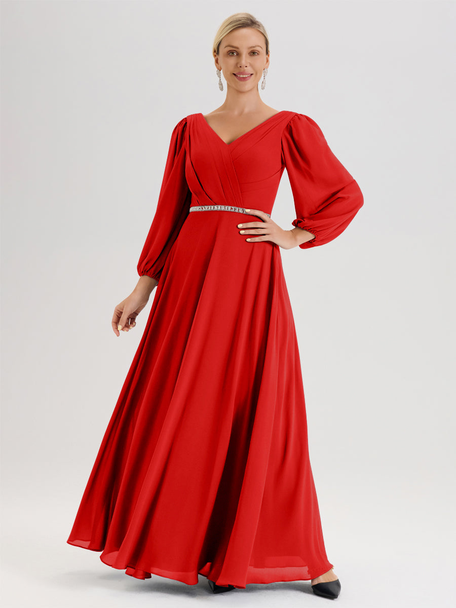Cicinia Rouge Robe De Mère De La Mariée Manches Ballon Ligne A En Mousseline À Décolleté En V