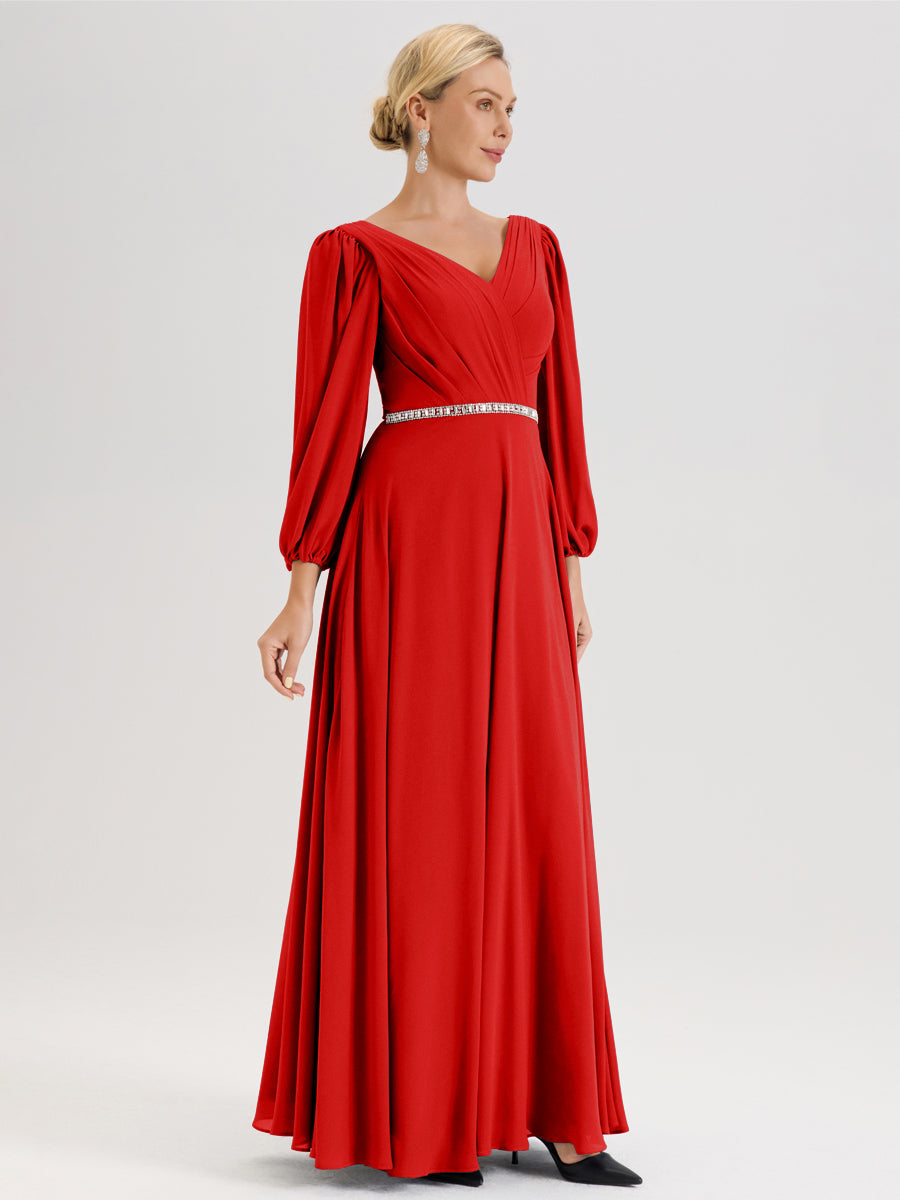 Cicinia Rouge Robe De Mère De La Mariée Manches Ballon Ligne A En Mousseline À Décolleté En V
