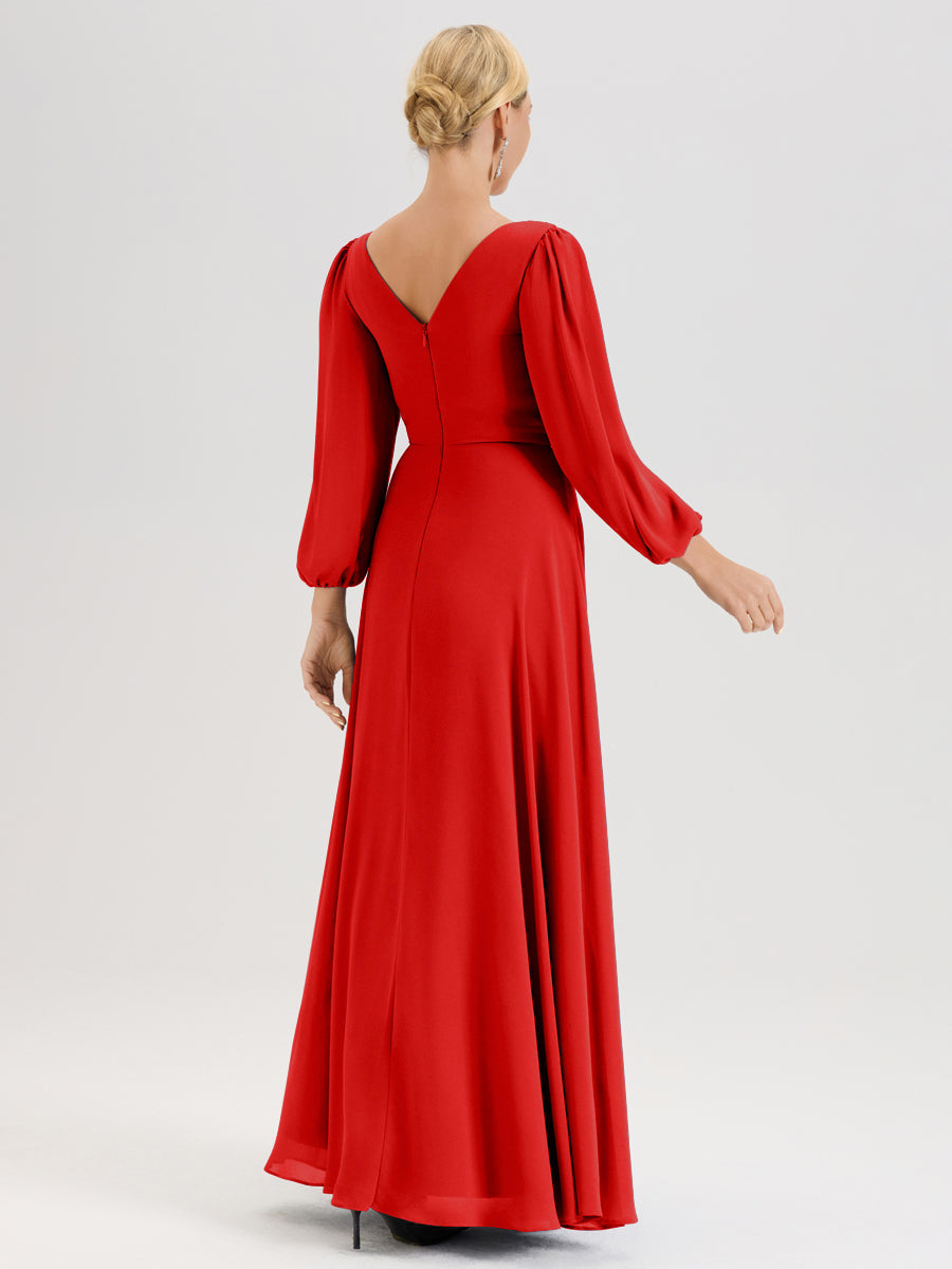 Cicinia Rouge Robe De Mère De La Mariée Manches Ballon Ligne A En Mousseline À Décolleté En V
