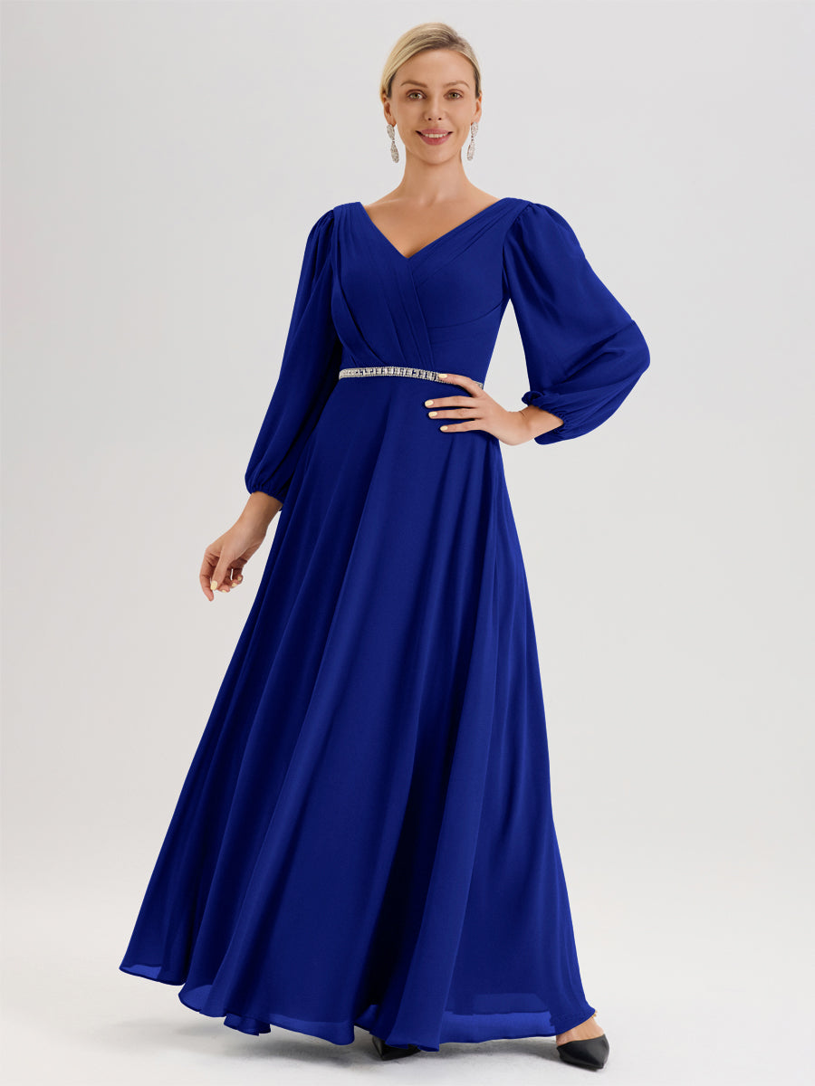 Cicinia Bleu Royale Robe De Mère De La Mariée Manches Ballon Ligne A En Mousseline À Décolleté En V