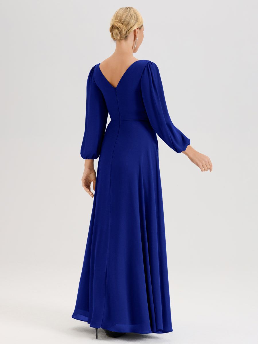 Cicinia Bleu Royale Robe De Mère De La Mariée Manches Ballon Ligne A En Mousseline À Décolleté En V