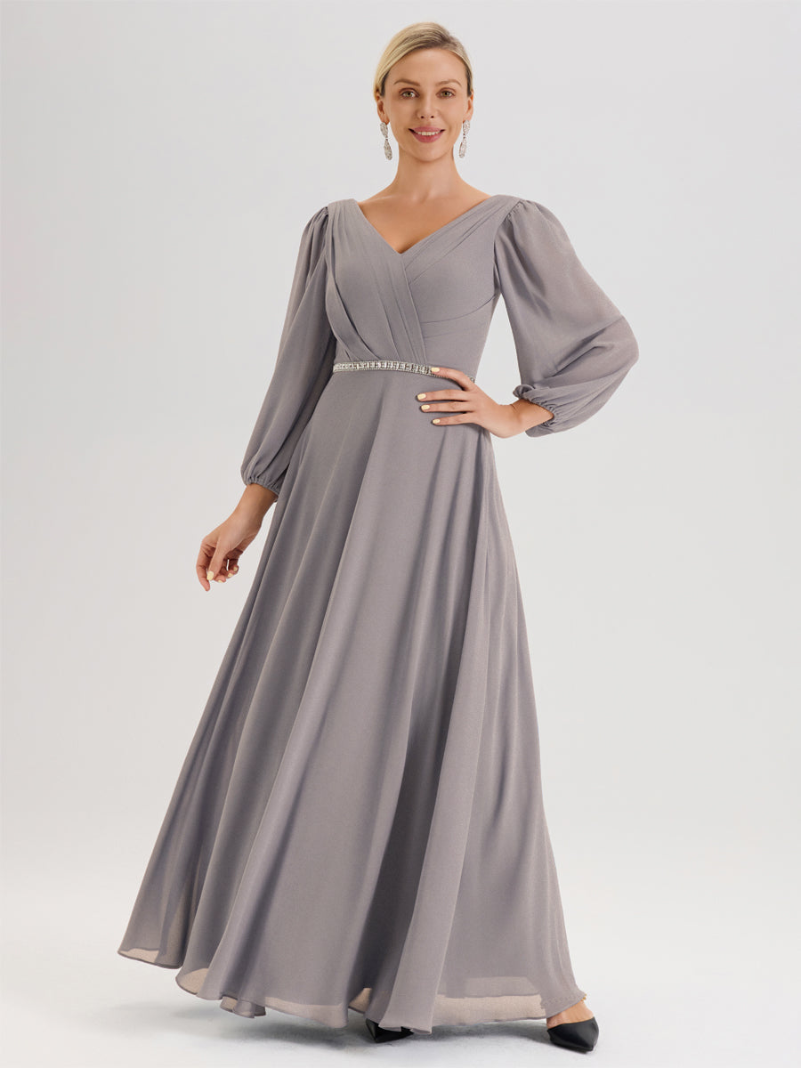 Cicinia Argent Robe De Mère De La Mariée Manches Ballon Ligne A En Mousseline À Décolleté En V