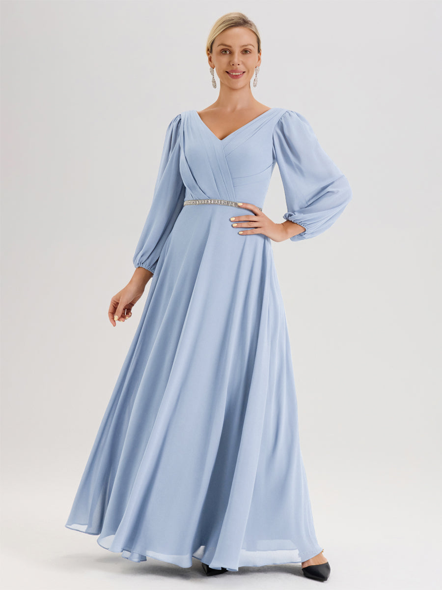Cicinia Bleu Ciel Robe De Mère De La Mariée Manches Ballon Ligne A En Mousseline À Décolleté En V