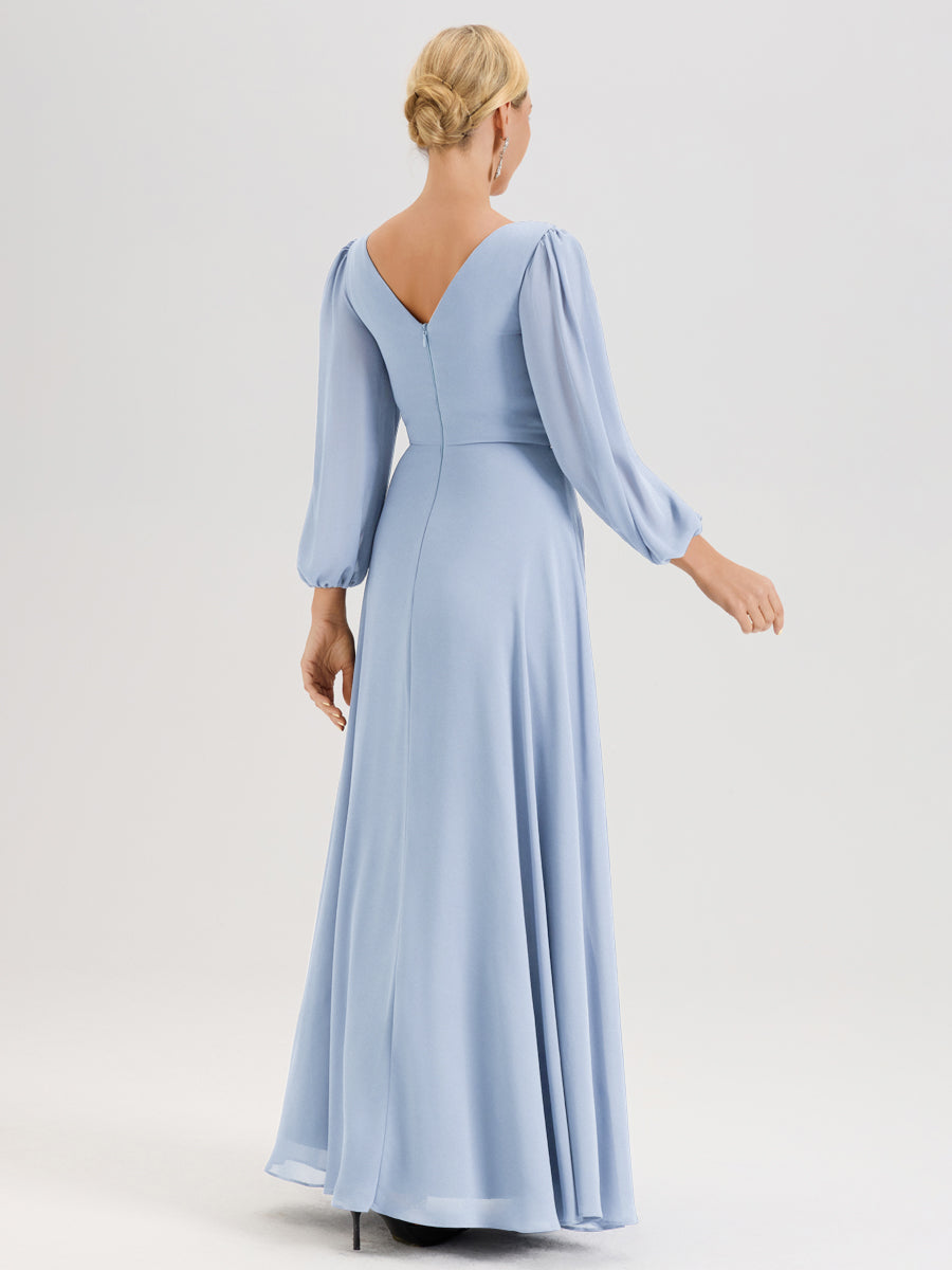 Cicinia Bleu Ciel Robe De Mère De La Mariée Manches Ballon Ligne A En Mousseline À Décolleté En V