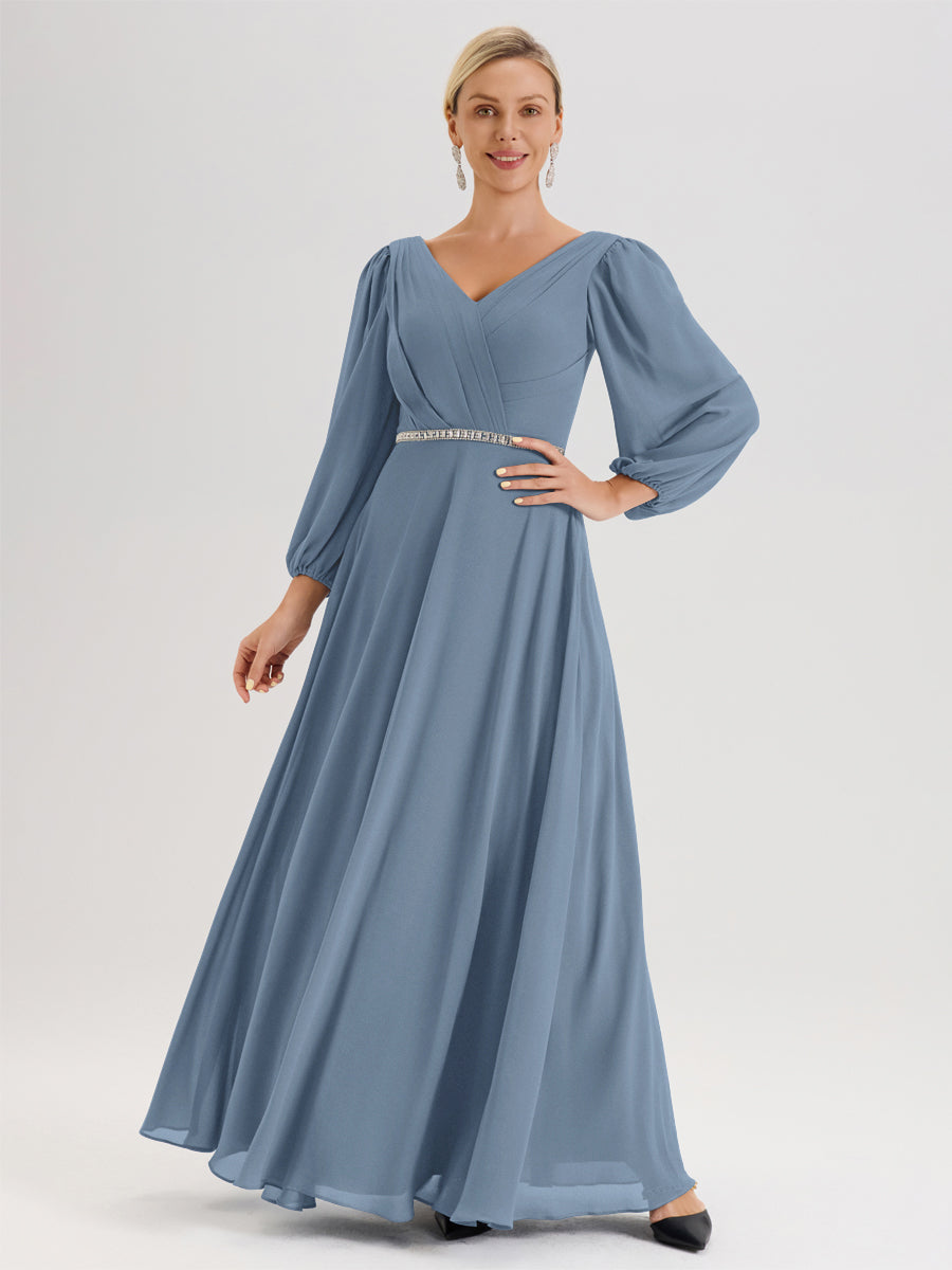 Cicinia Bleu De Schiste Robe De Mère De La Mariée Manches Ballon Ligne A En Mousseline À Décolleté En V