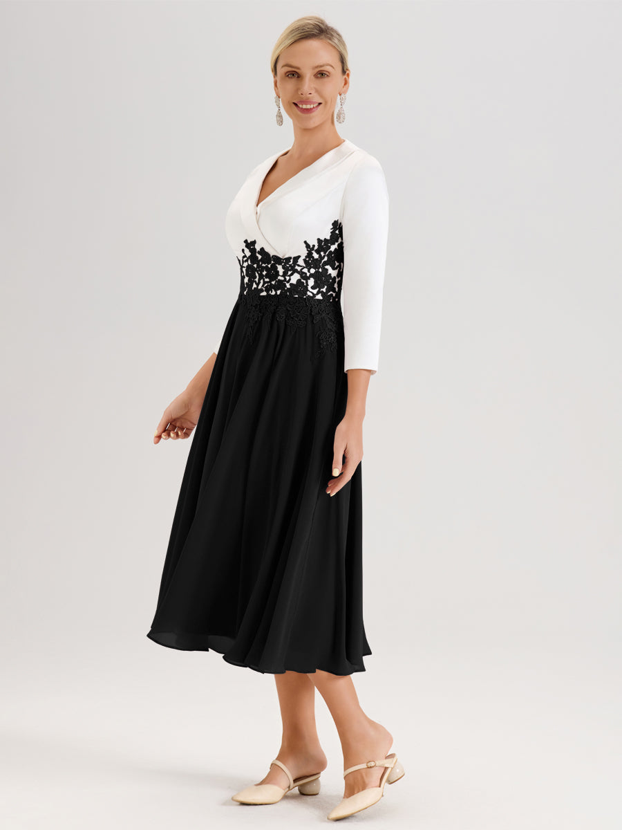 Cicinia Noir Robe De Mère De La Mariée Mi-Longue À Décolleté En V En Satin Mousseline Et Dentelle