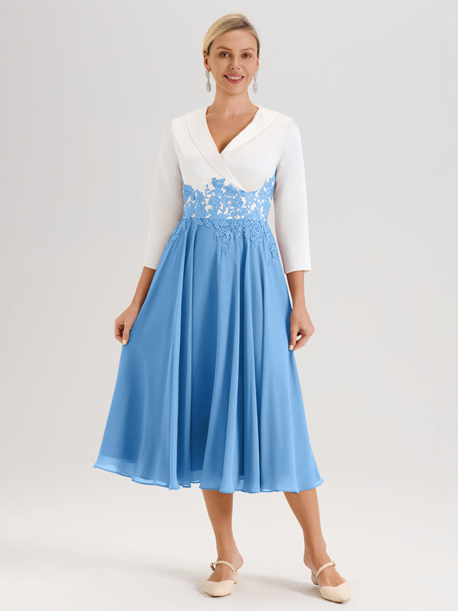 Cicinia Bleu Robe De Mère De La Mariée Mi-Longue À Décolleté En V En Satin Mousseline Et Dentelle