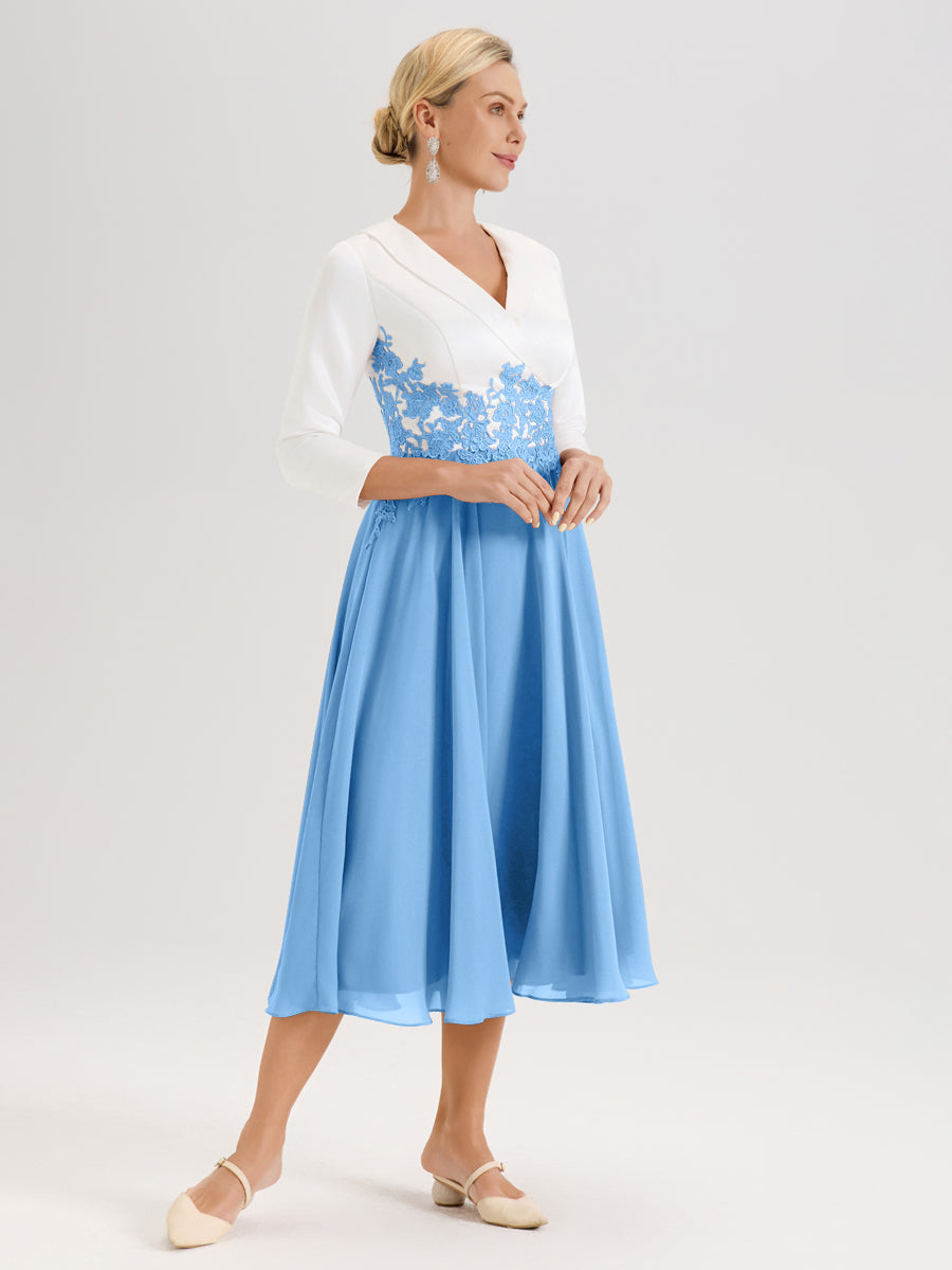 Cicinia Bleu Robe De Mère De La Mariée Mi-Longue À Décolleté En V En Satin Mousseline Et Dentelle