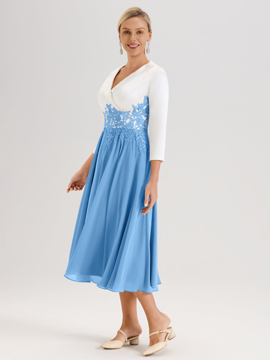 Cicinia Bleu Robe De Mère De La Mariée Mi-Longue À Décolleté En V En Satin Mousseline Et Dentelle