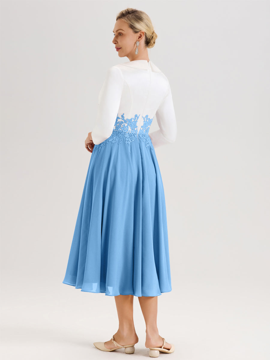 Cicinia Bleu Robe De Mère De La Mariée Mi-Longue À Décolleté En V En Satin Mousseline Et Dentelle