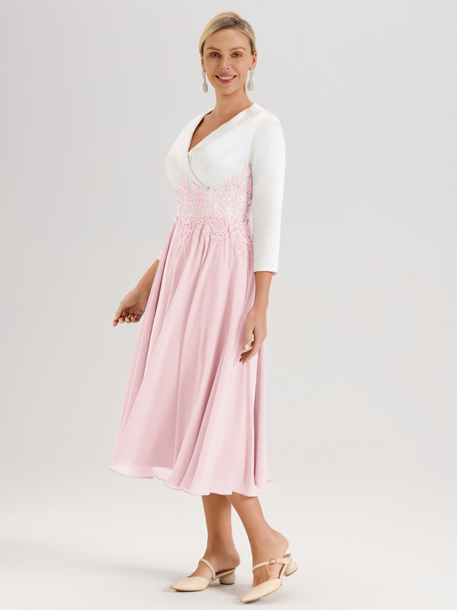 Cicinia Rose Pâle Robe De Mère De La Mariée Mi-Longue À Décolleté En V En Satin Mousseline Et Dentelle
