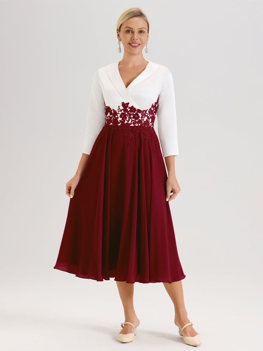 Cicinia Bordeaux Robe De Mère De La Mariée Mi-Longue À Décolleté En V En Satin Mousseline Et Dentelle