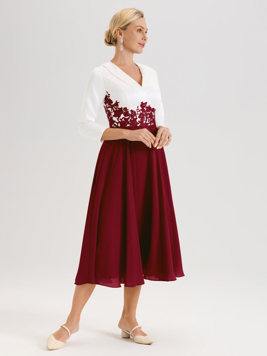 Cicinia Bordeaux Robe De Mère De La Mariée Mi-Longue À Décolleté En V En Satin Mousseline Et Dentelle