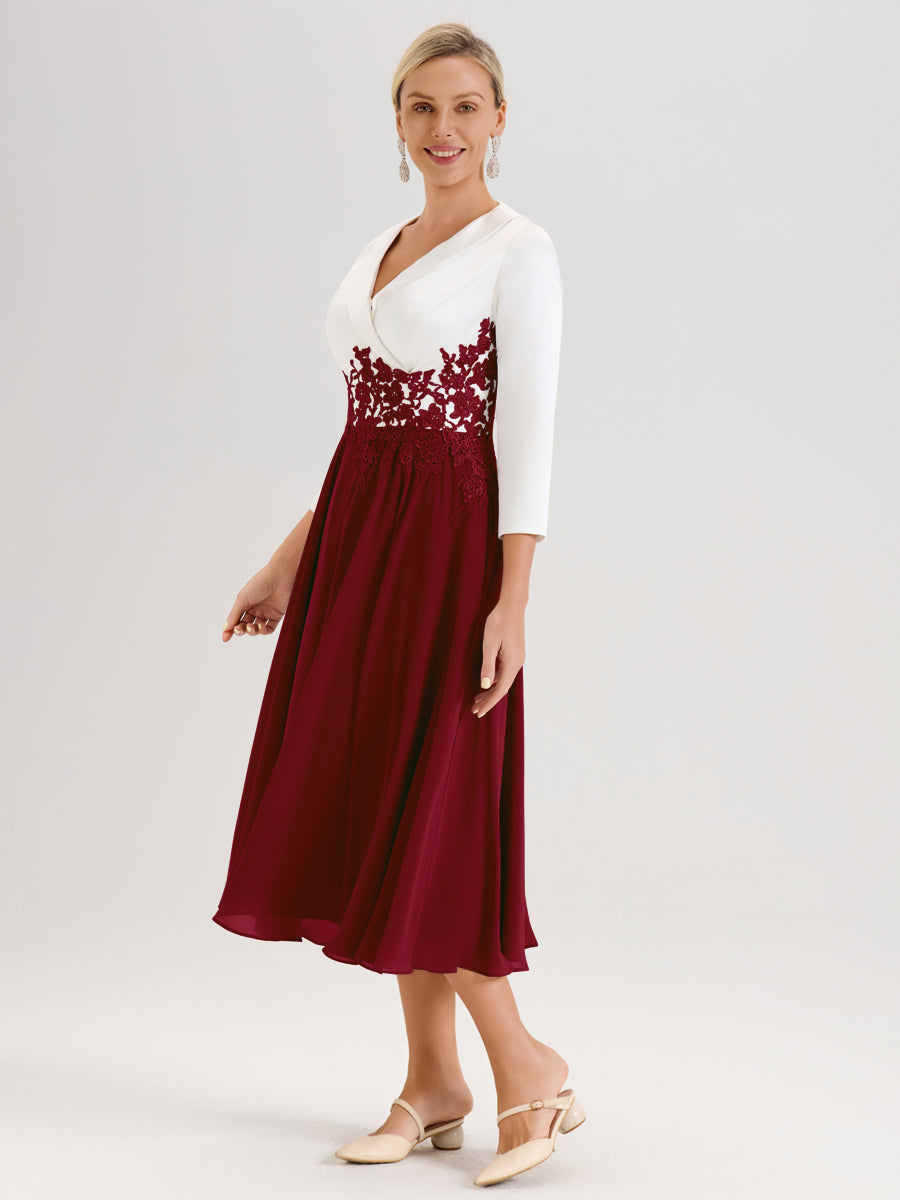 Cicinia Bordeaux Robe De Mère De La Mariée Mi-Longue À Décolleté En V En Satin Mousseline Et Dentelle