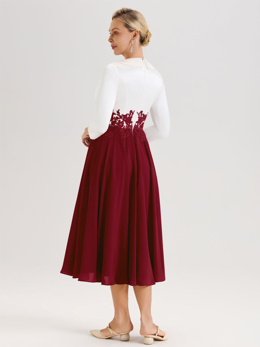 Cicinia Bordeaux Robe De Mère De La Mariée Mi-Longue À Décolleté En V En Satin Mousseline Et Dentelle