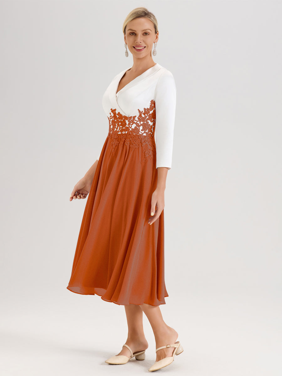 Cicinia Orange Brûlé Robe De Mère De La Mariée Mi-Longue À Décolleté En V En Satin Mousseline Et Dentelle
