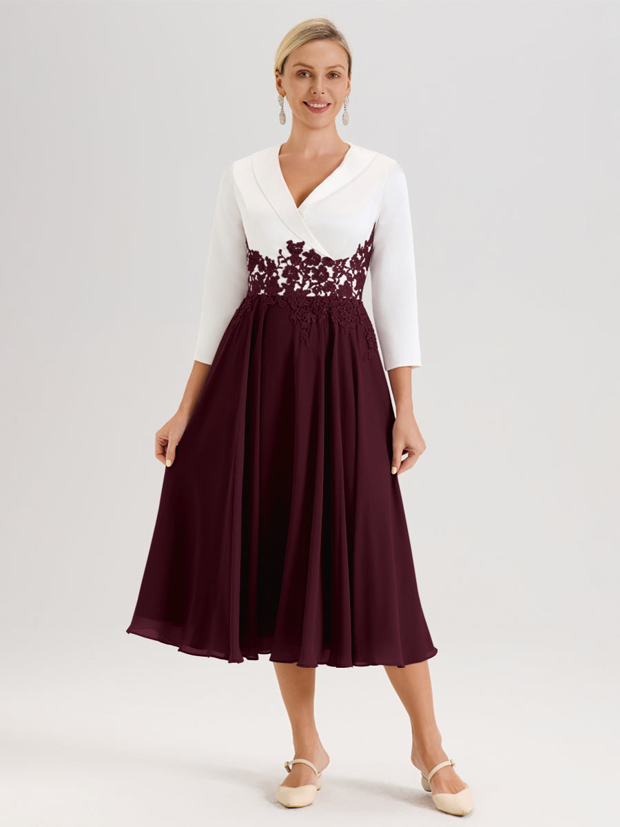 Cicinia Cabernet Robe De Mère De La Mariée Mi-Longue À Décolleté En V En Satin Mousseline Et Dentelle