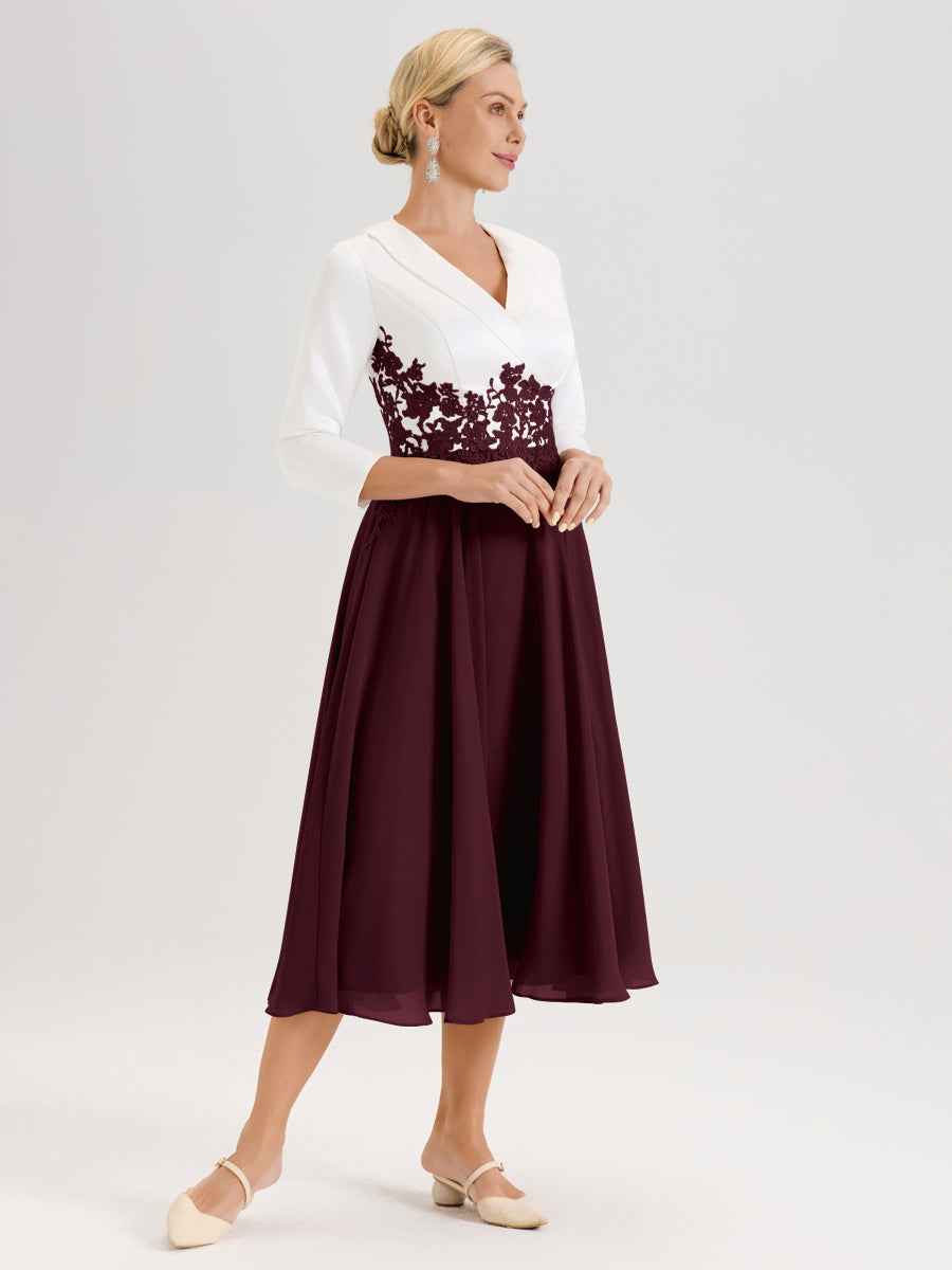 Cicinia Cabernet Robe De Mère De La Mariée Mi-Longue À Décolleté En V En Satin Mousseline Et Dentelle