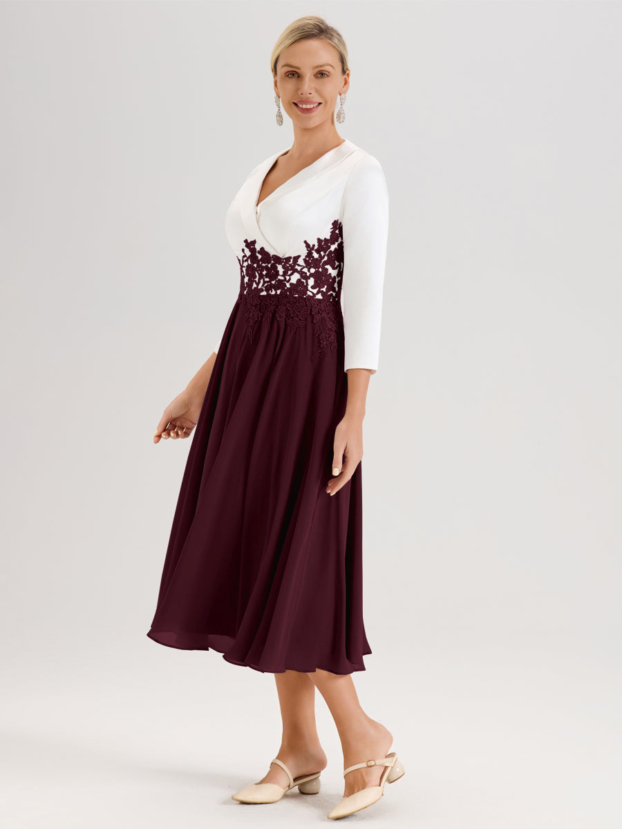 Cicinia Cabernet Robe De Mère De La Mariée Mi-Longue À Décolleté En V En Satin Mousseline Et Dentelle